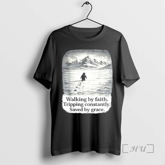 Officials Nihilist Penguin Walking By Faith Tripping Constantly Saved By Grace Woman Premium T Shirts