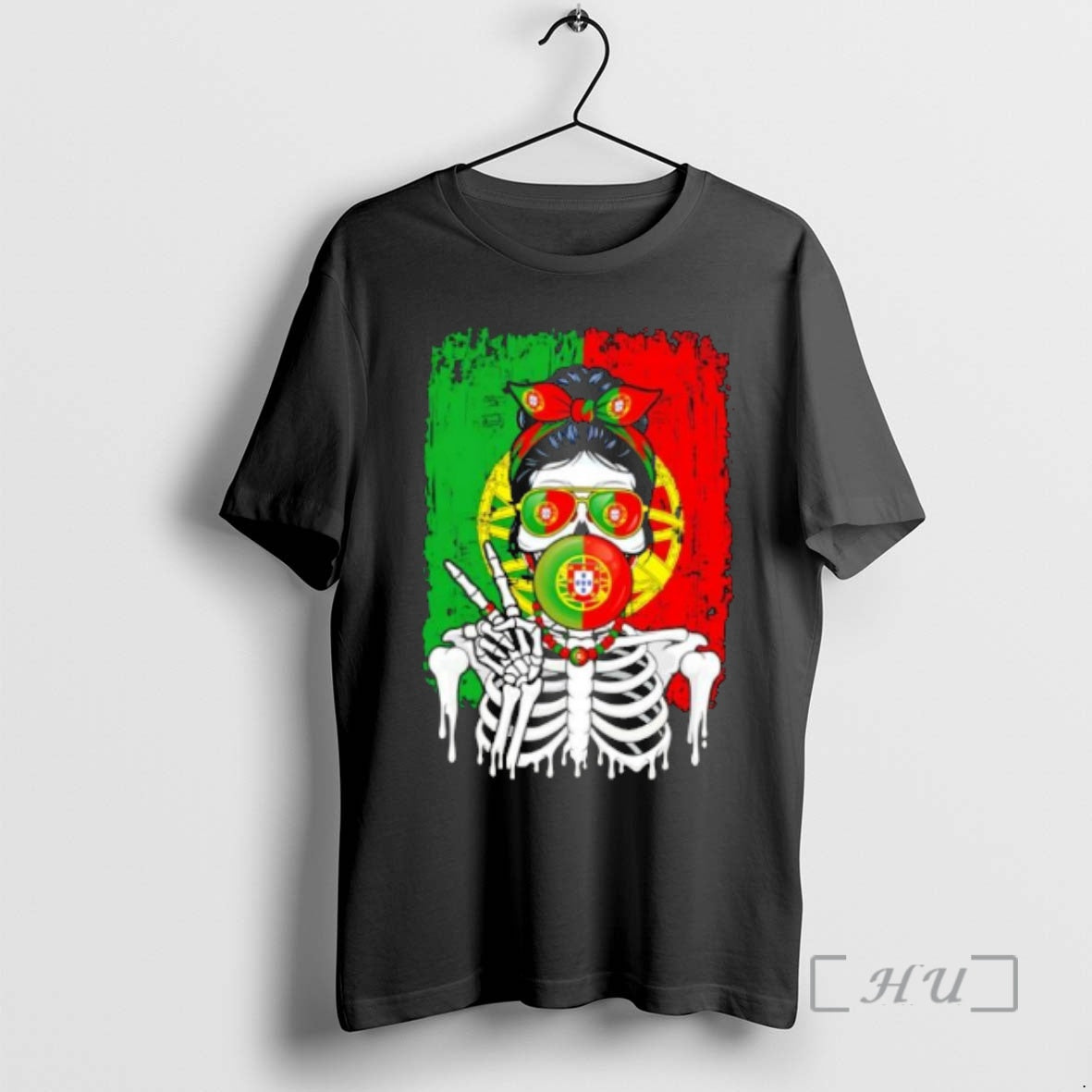 Officials Portugal Flag Skull Messy Bun Sunglasses Peace Sign Bubble Gum Premium T Shirts Sweater