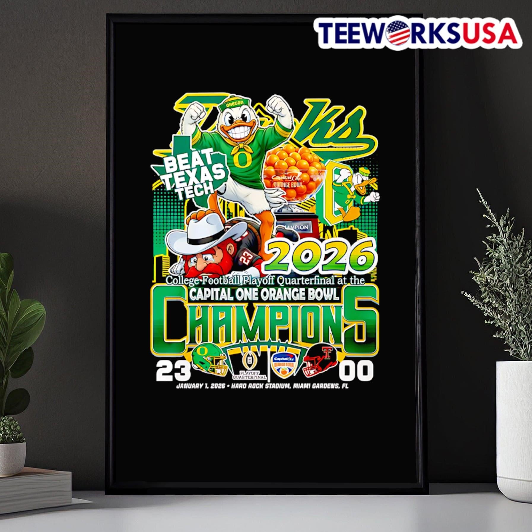 Oregon Beat Texas Tech 2026 Capital One Orange Bowl Champions Mascot Shirt