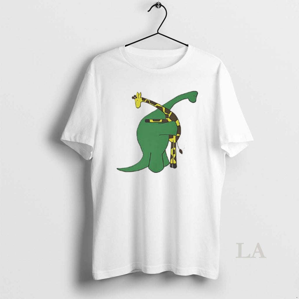Original Dinosaur Hugging A Giraffe Cartoon