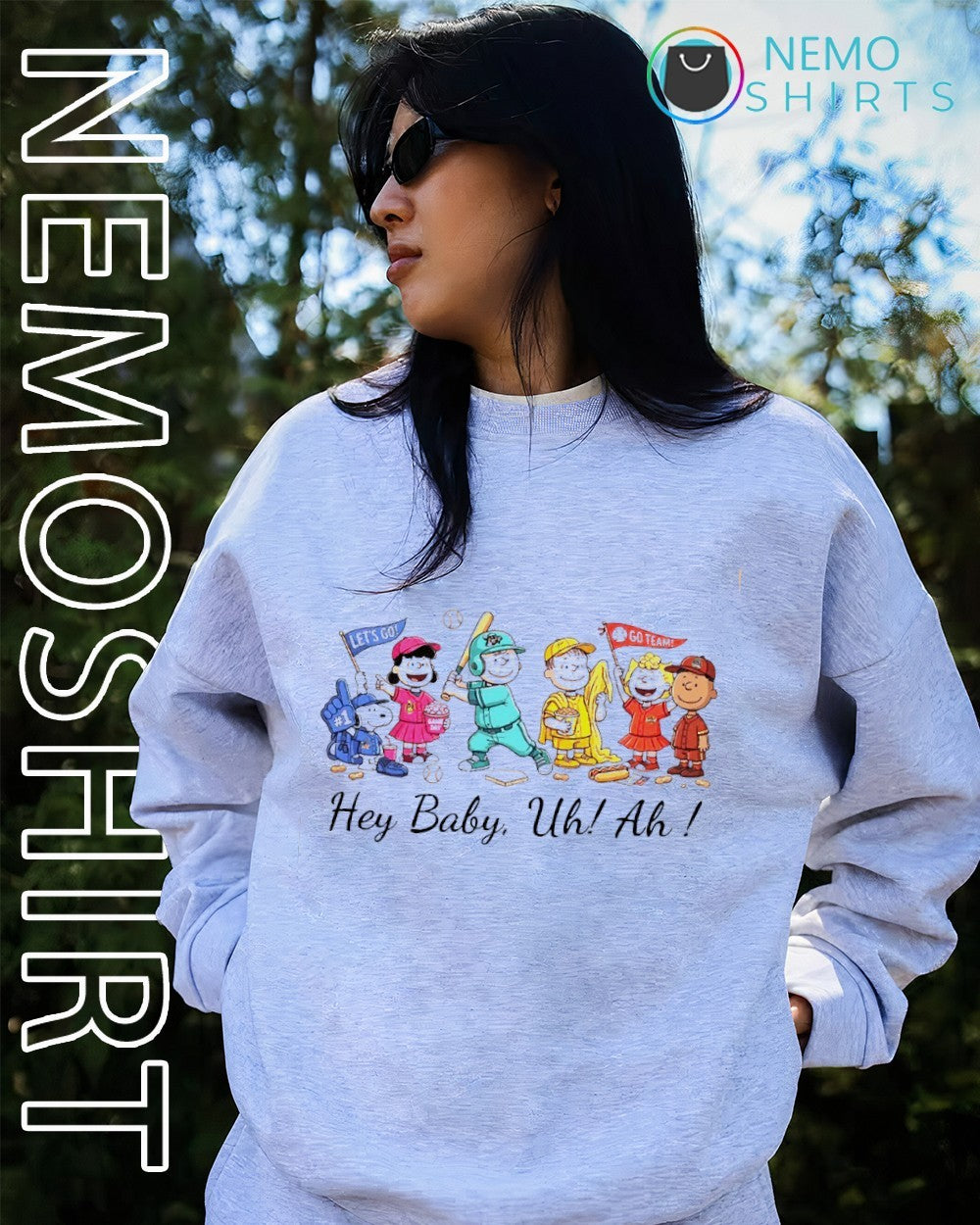 Peanuts characters hey baby uh ah playing baseball cartoon shirt