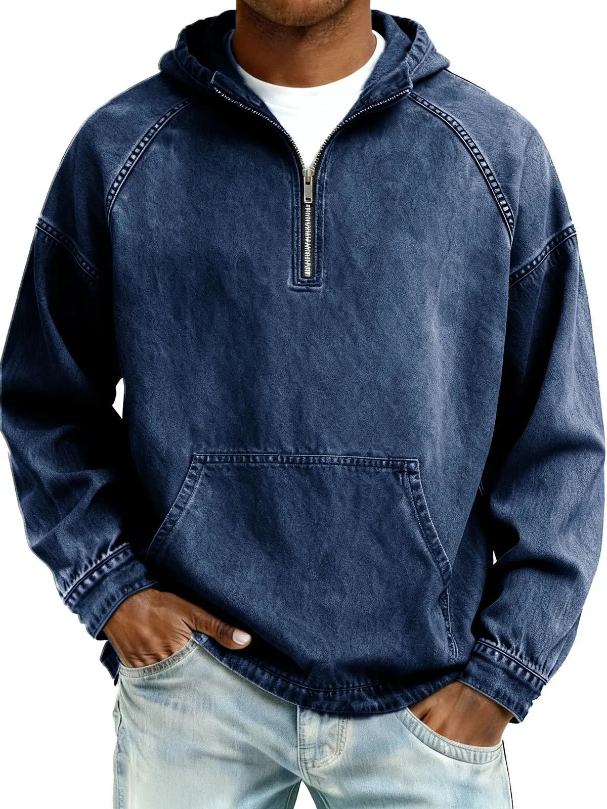 Men's Half-Zip Denim Hoodie with Solid Color, Washed & Distressed Heavyweight Casual Sweatshirt