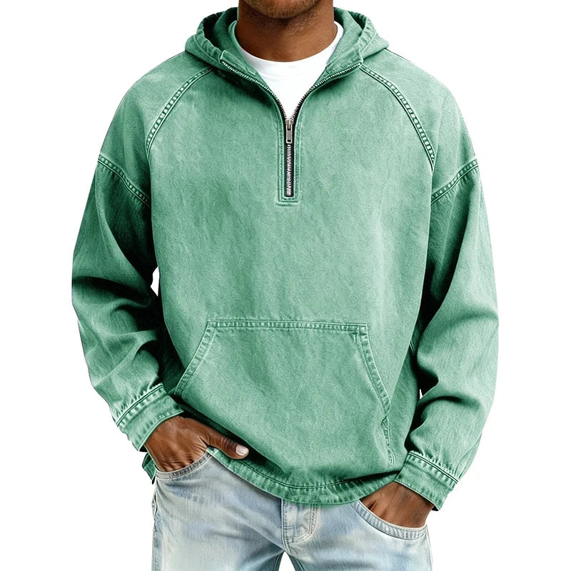 Autumn Men Denim Hooded Sweatshirts Long Sleeve Solid Color Half Zipper Daily Casual Hoodies