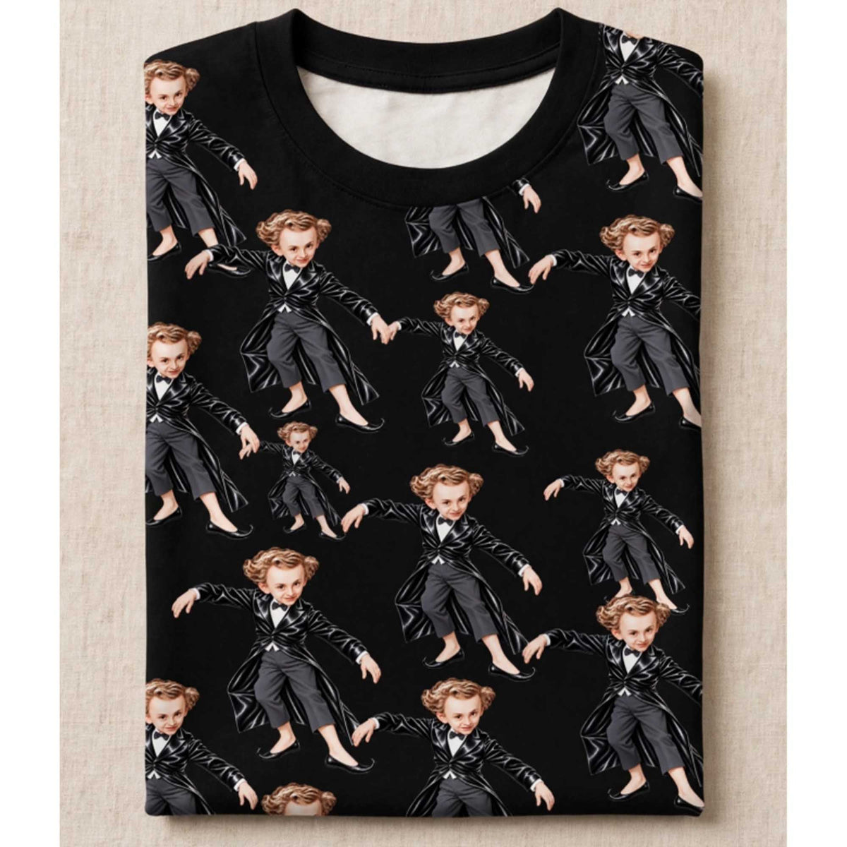 Tiptoeing Boy In Black Coat And Bow Tie Allprint Shirt