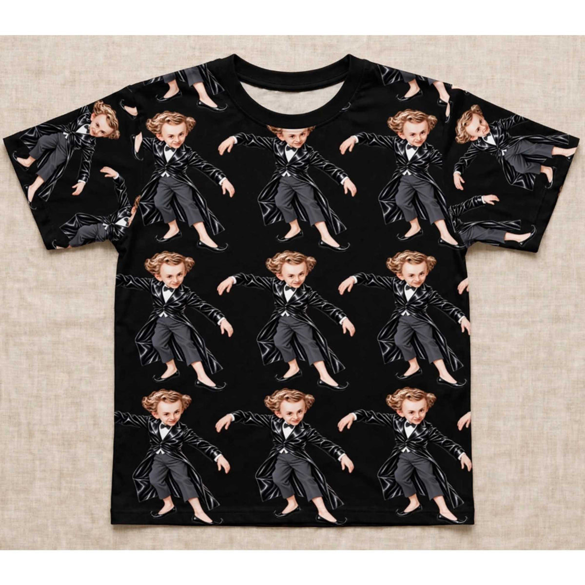 Tiptoeing Boy In Black Coat And Bow Tie Allprint Shirt