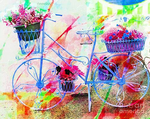 Blue Bicycle And Flowers Print