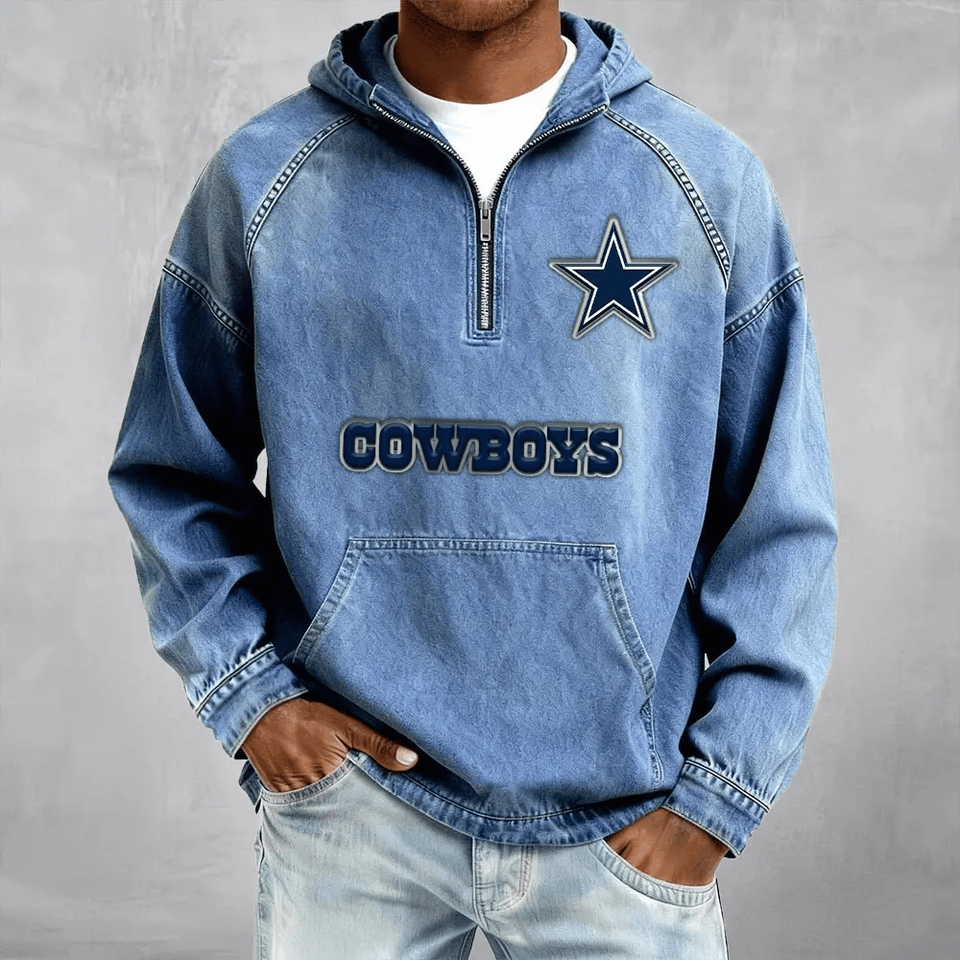 Dallas Cowboys Men's Half-Zip Denim Hoodie For Fan