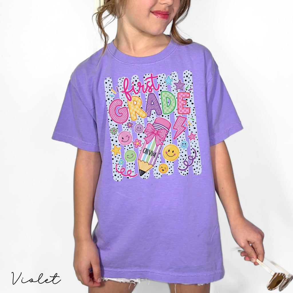 Personalized First Grader Stripes Custom Striped Back School Tee First Day 1st Grade (4)