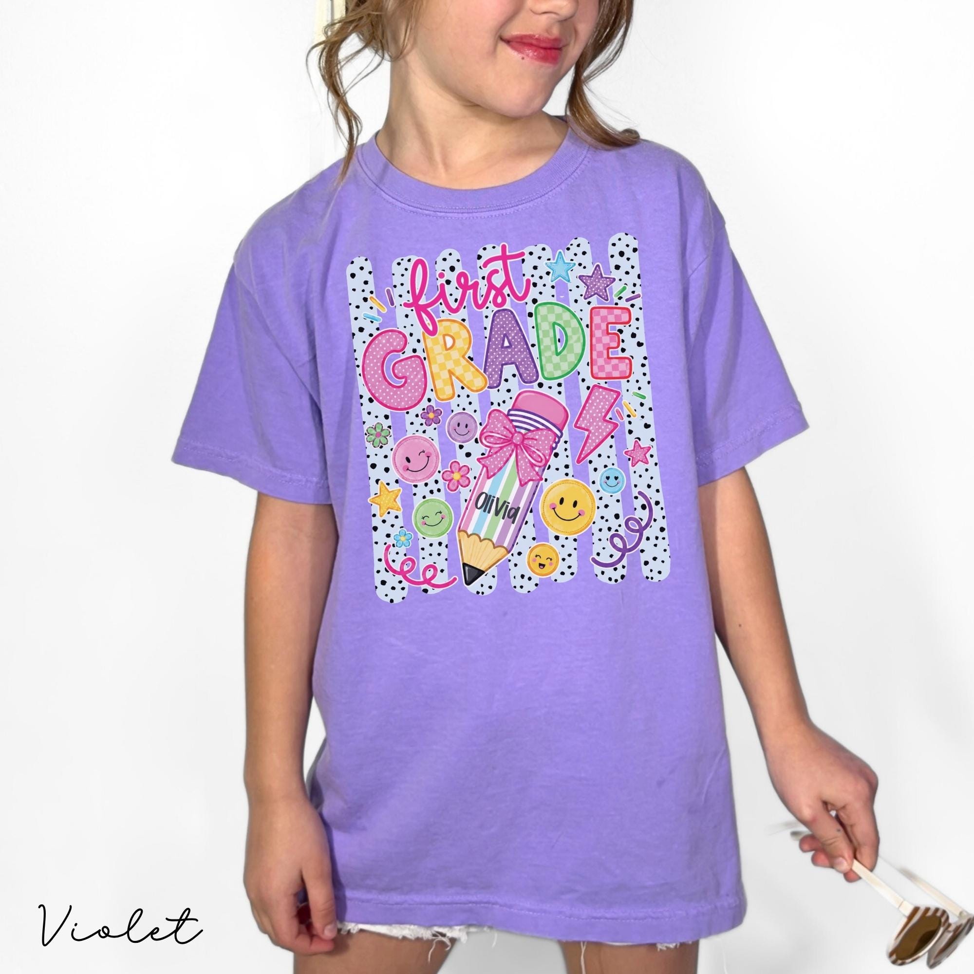 Personalized First Grader Stripes Custom Striped Back School Tee First Day 1st Grade (4)