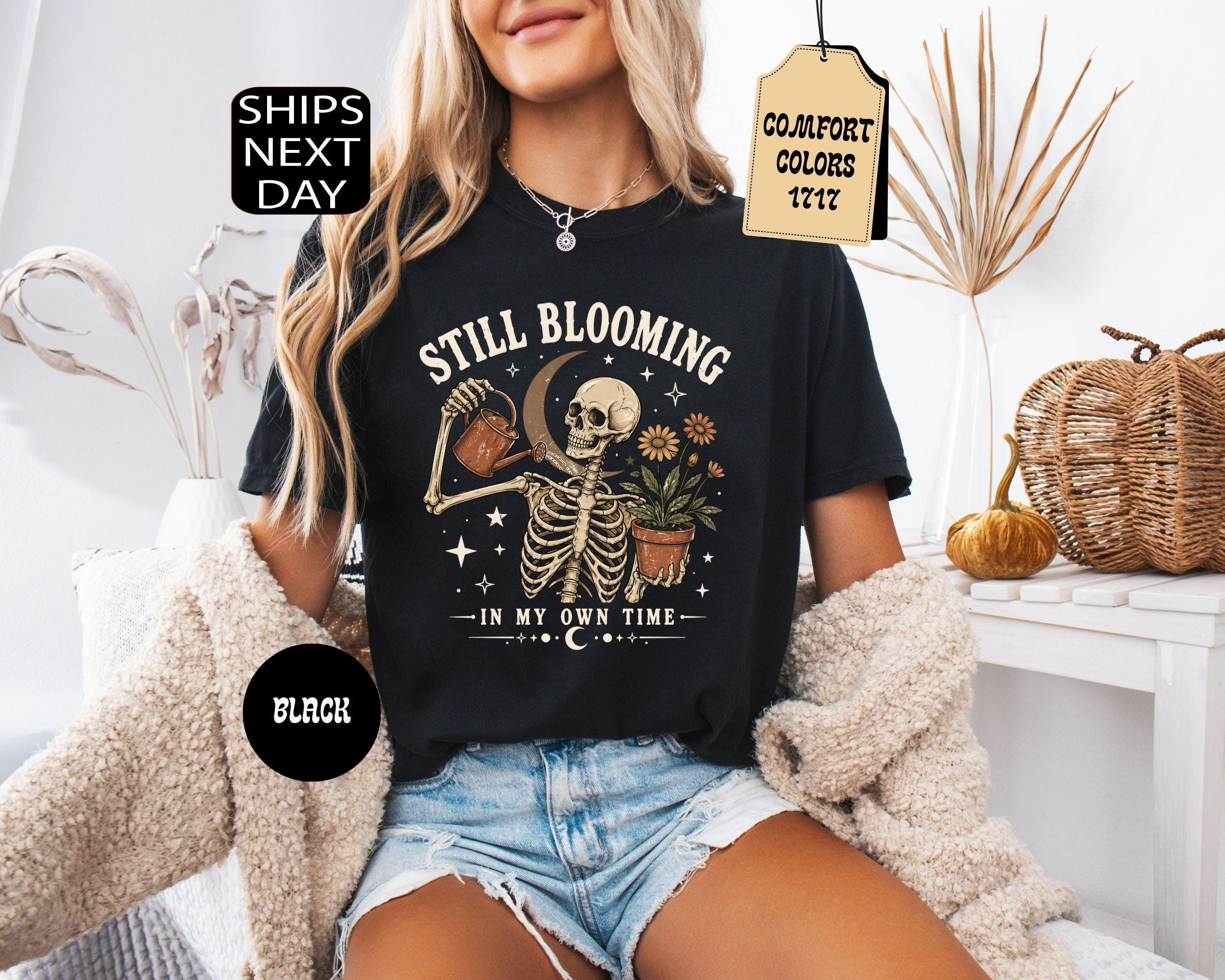 Comfort Colors Still Blooming Skeleton Halloween Mental Health Positivity Tee (3)