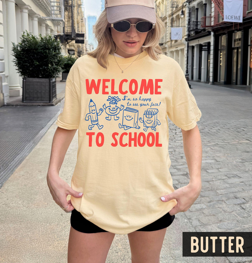 Comfort Colors Welcome School Happy See Face Retro Drawings Back School Tee (3)