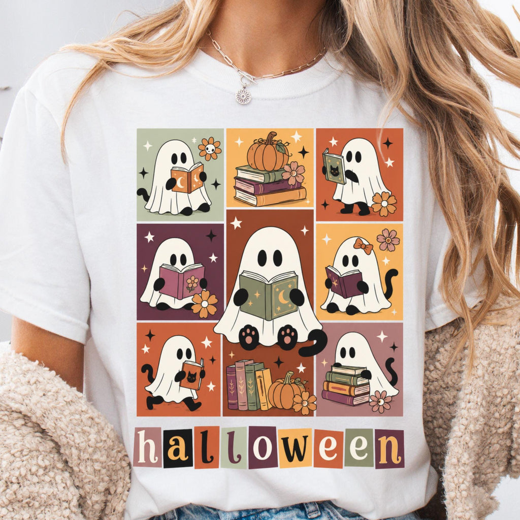 Bookish Halloween Ghost Cat Reading Tee Book Lover Halloween Librarian Teacher Fall Spooky Reader (3)