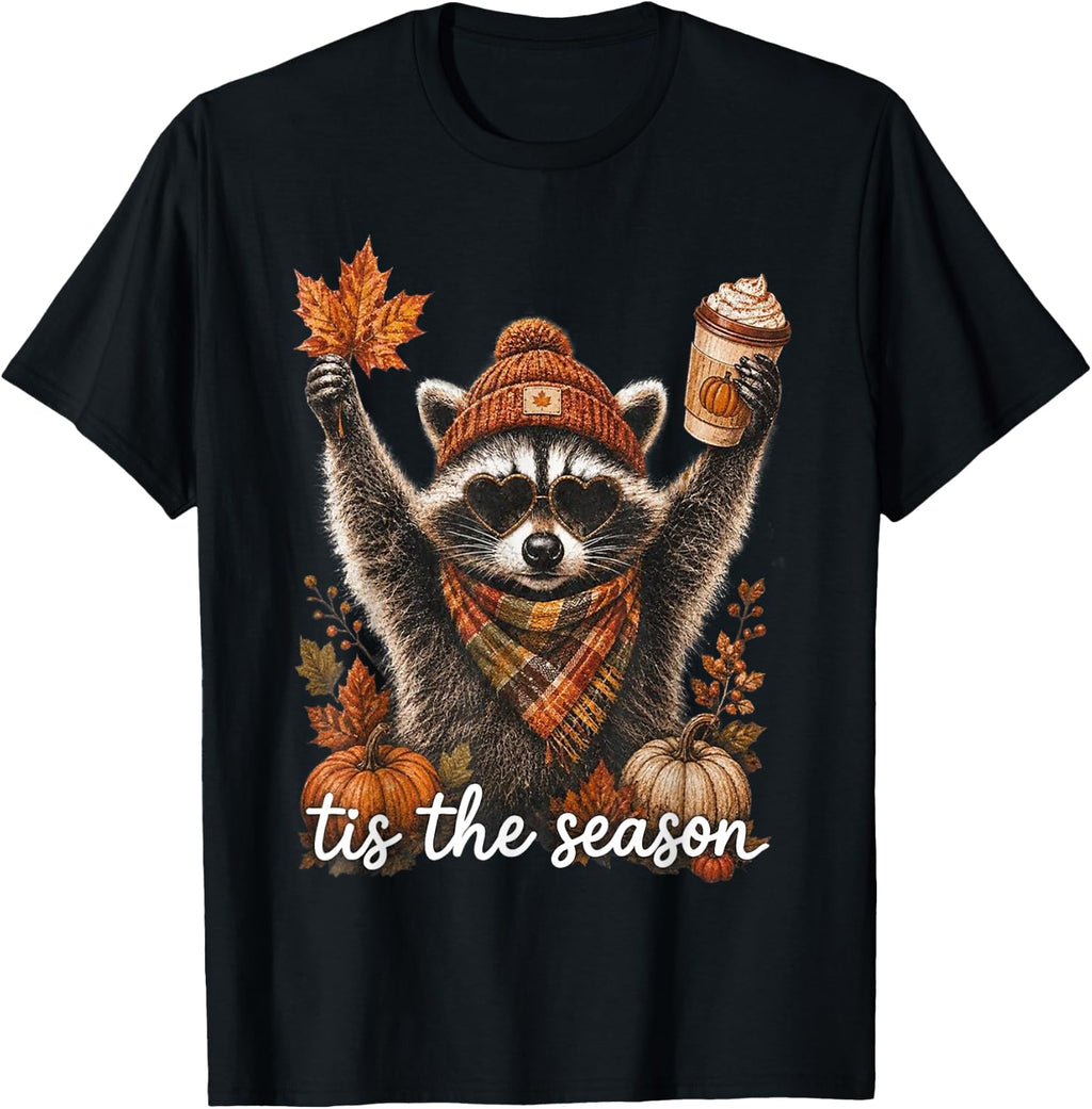 Tis Season Fall Raccoon Pumpkin Coffee Autumn Unisex T-shirt, Sweatshirt, Hoodie (1)