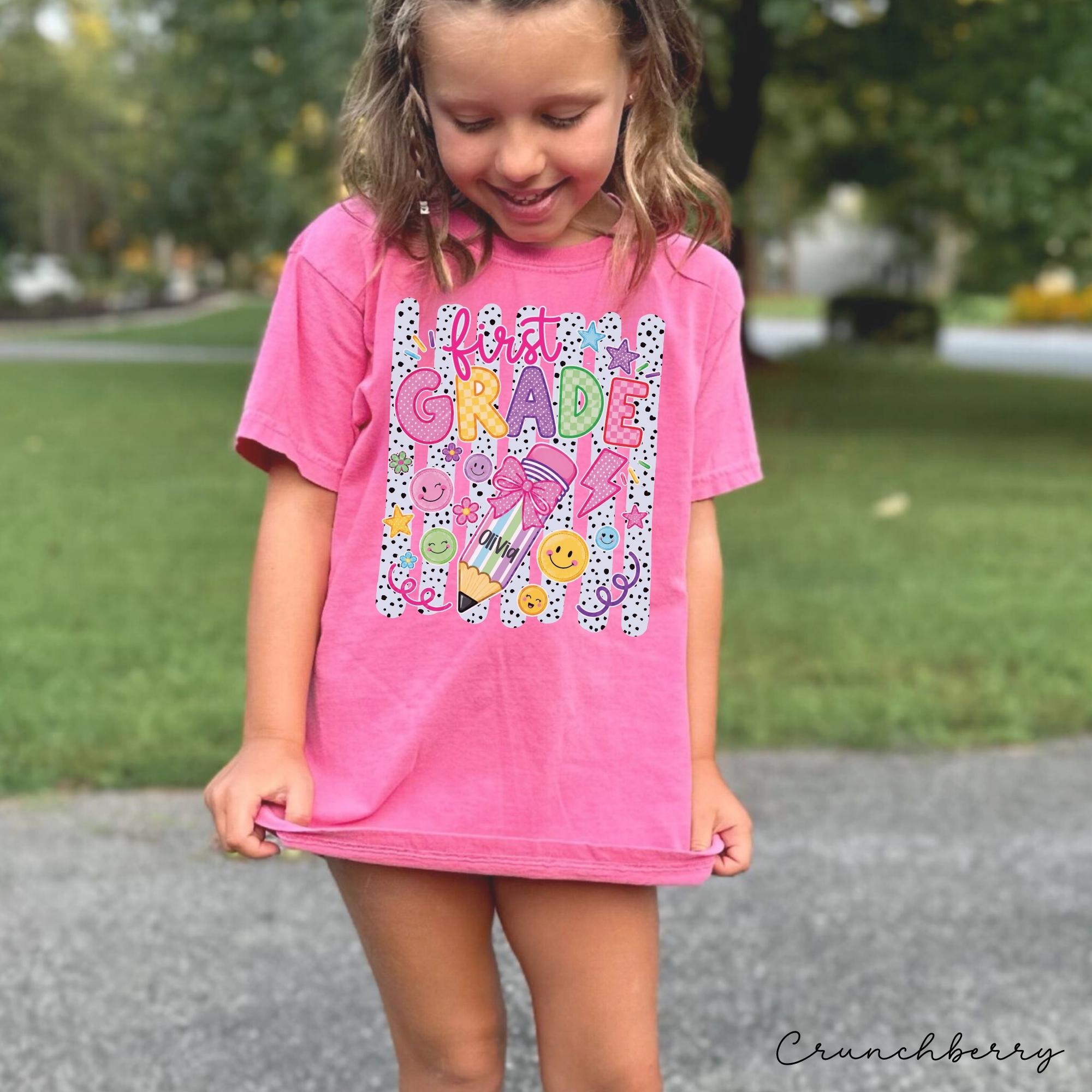 Personalized First Grader Stripes Custom Striped Back School Tee First Day 1st Grade (2)