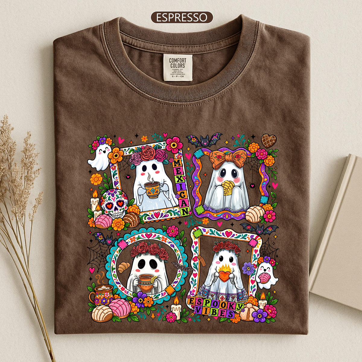Mexican Ghos Spooky Halloween Tee Floral Sugar Skull Colorful Fall (4)