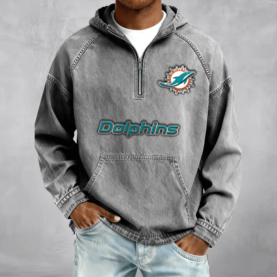 Miami Dolphins Men's Half-Zip Denim Hoodie For Fan