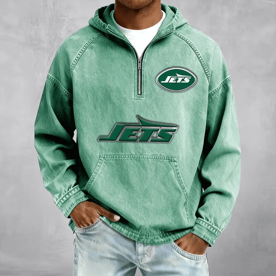 New York Jets Half-Zip Denim Hoodies For Fan