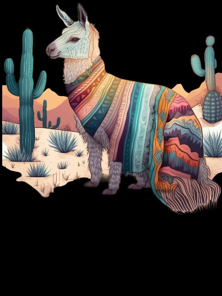A charming llama wearing a boho-inspired blanket by iDezine GD