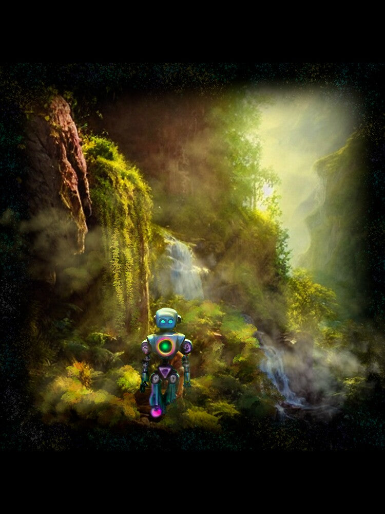 Cute Robot walking at a Cliff with Waterfall by Pixelbloomz