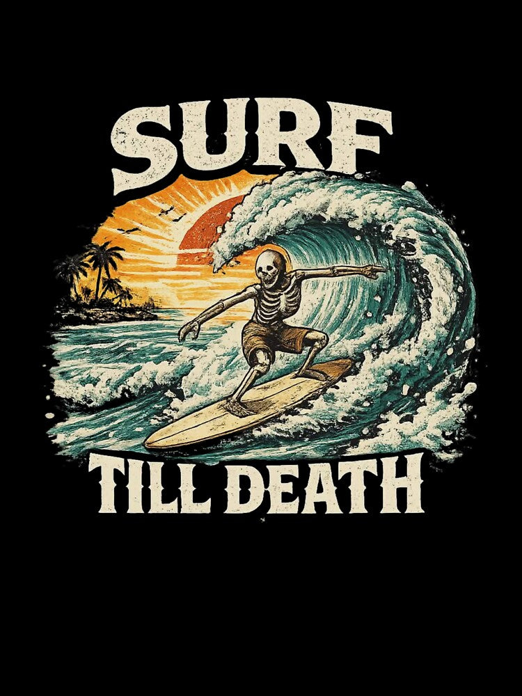 Surf Till Death – Skeleton Surfing Vintage Sunset Wave Surfer Graphic by HubCreates