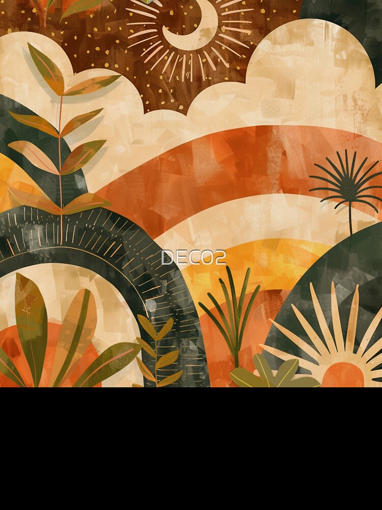 Boho Earthtones, Green, Orange, And Yellow Sunset Landscape by DEC02