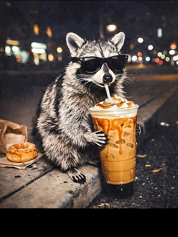 Cool Raccoon Drinking Iced Coffee Animal Meme Graphic by susannenovak