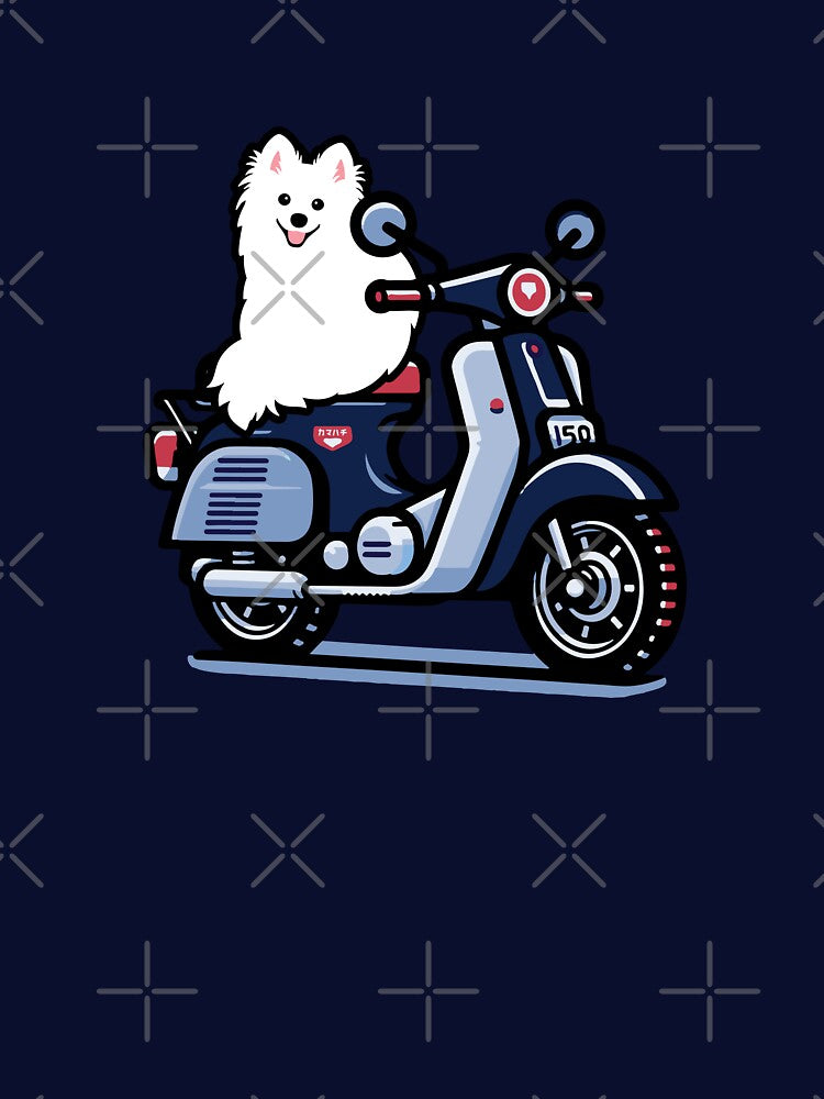 Cute Japanese Spitz Dog on a Super Cub Motorcycle Scooter by kamahachi