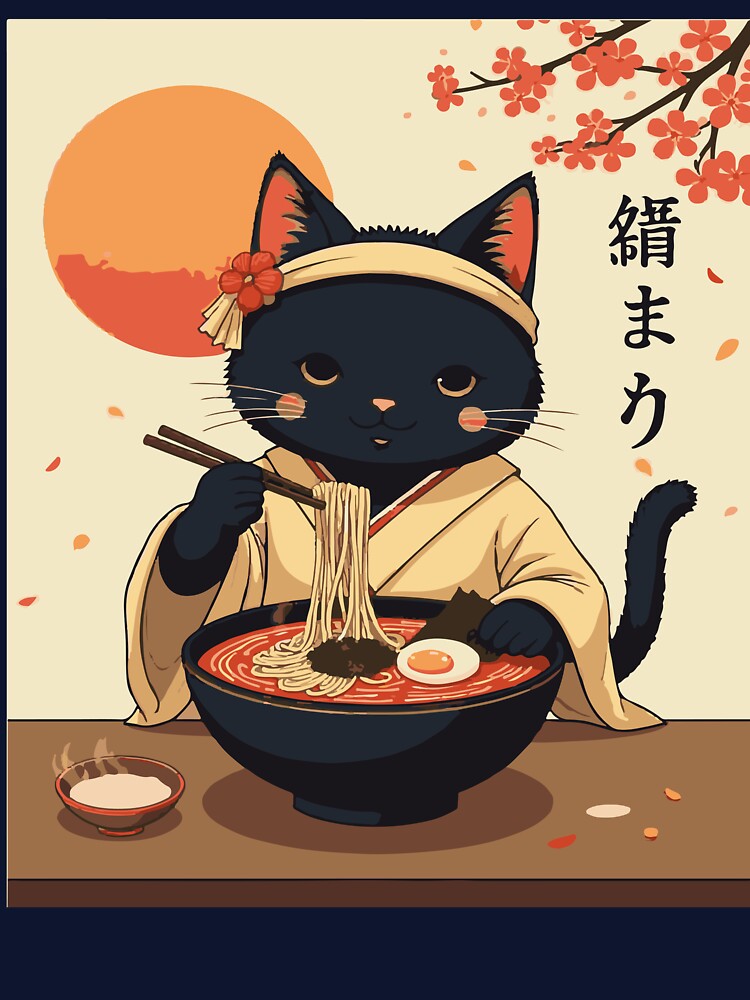 Elegant Black Cat Ramen Japanese Art | Dreamy Neko Flower Headband Falling Petals | Vintage Anime Cat Ramen Bowl Japanese Gift by DeeDouu