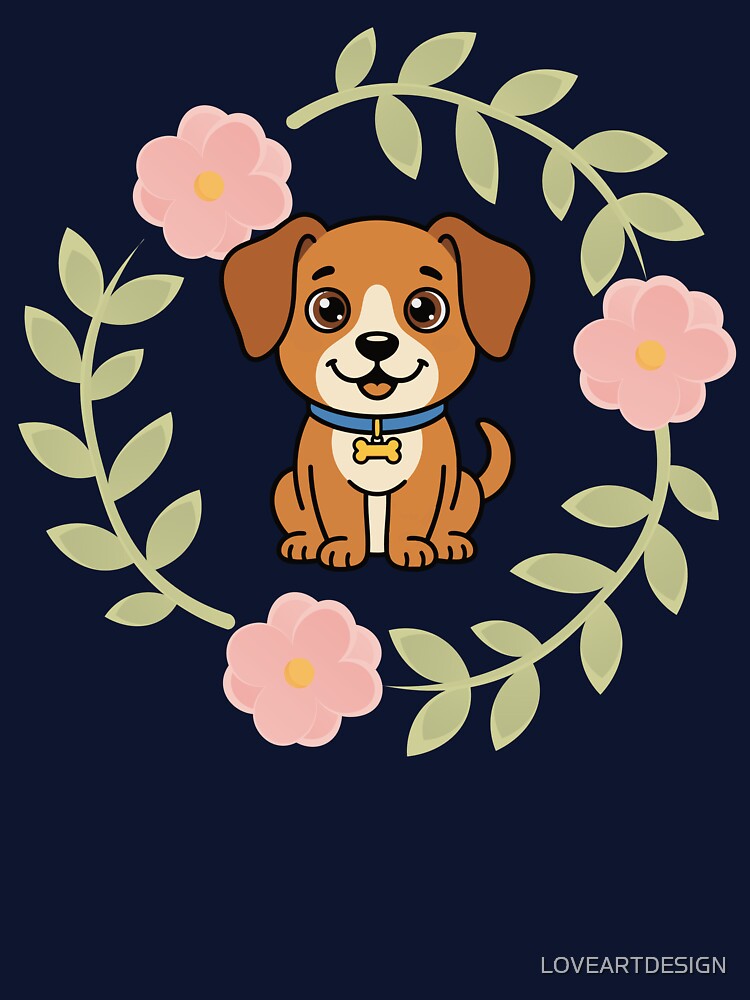 A cute and loyal dog surrounded by a wreath of flowers by LOVEARTDESIGN