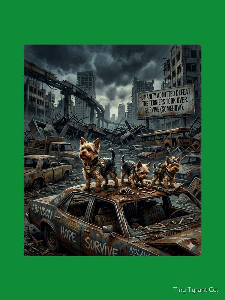 Apocalypse Yorkie Survivors Shirt – Dark Humor Dog Tee by Tiny Tyrant Co.
