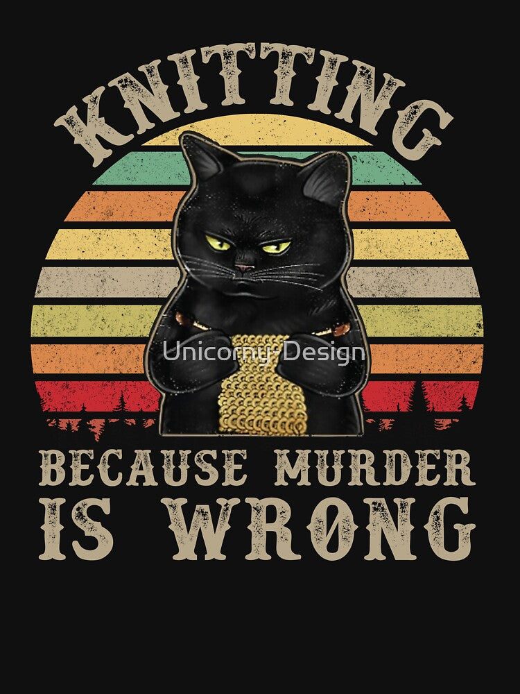 Knitting Because Murder Is Wrong Black Cat Knitter Crocheter Vintage Retro Sunset by Unicorny-Design
