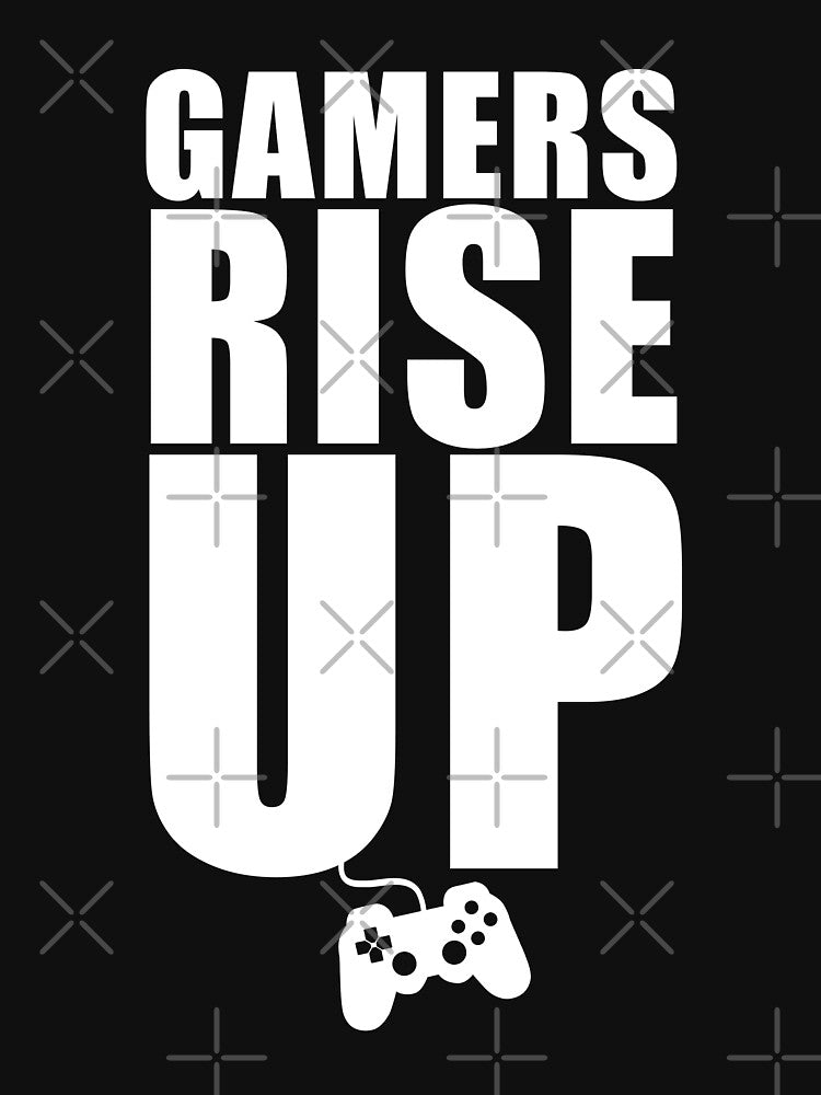 Gamers Rise Up t-shirt and gifts. Fun gamer gifts for video gamers of all ages by GameOnGifts