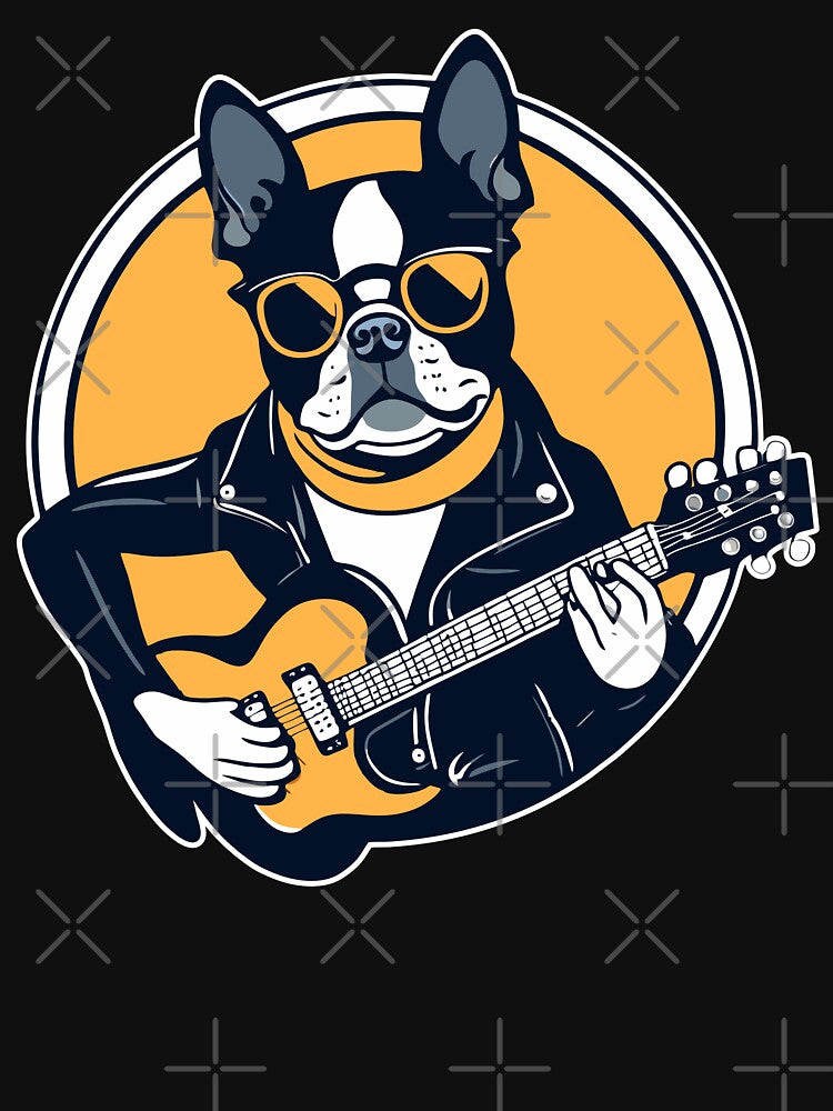 Boston Terrier Playing Guitar Wearing Sunglasses by Ameiva-Apparel