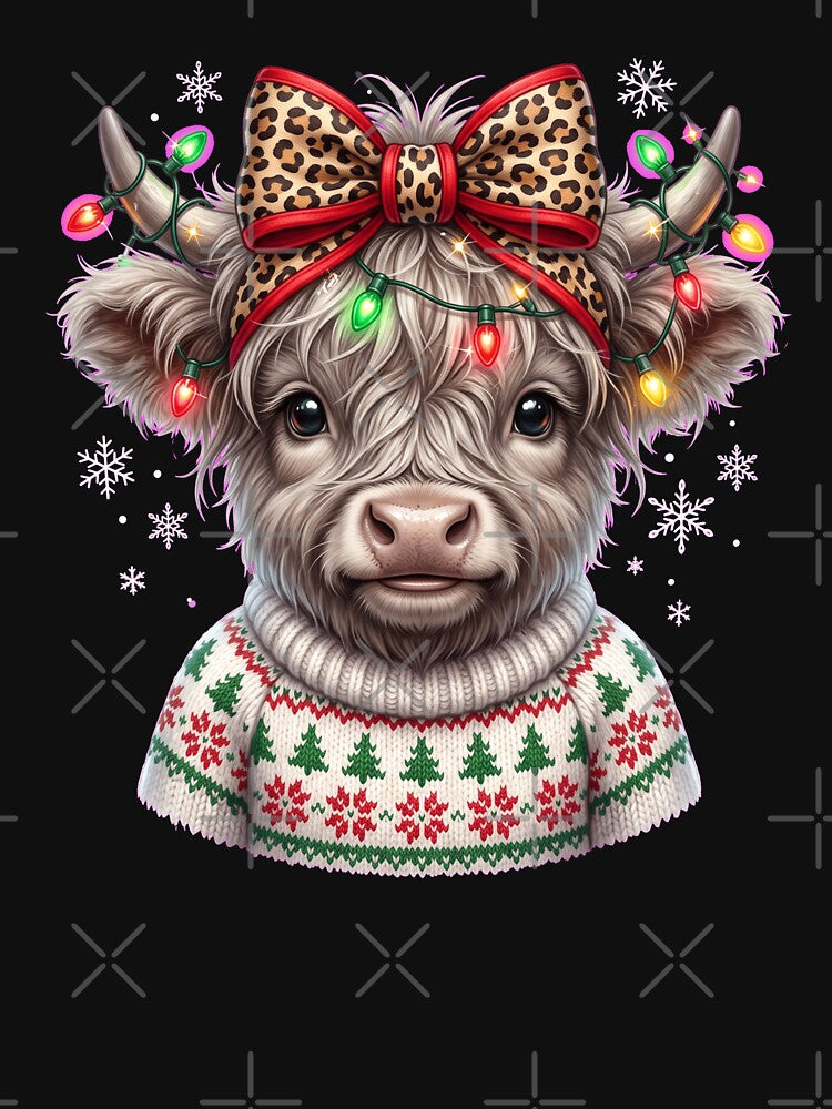 Christmas Highland Cow in Festive Sweater by dudelinart