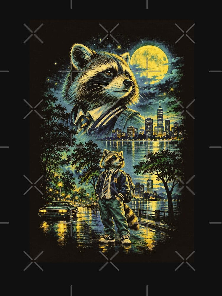 Urban Night Raccoon – Vintage City Lights, Moonlit Street & Varsity Jacket by HOUSE OF TIST