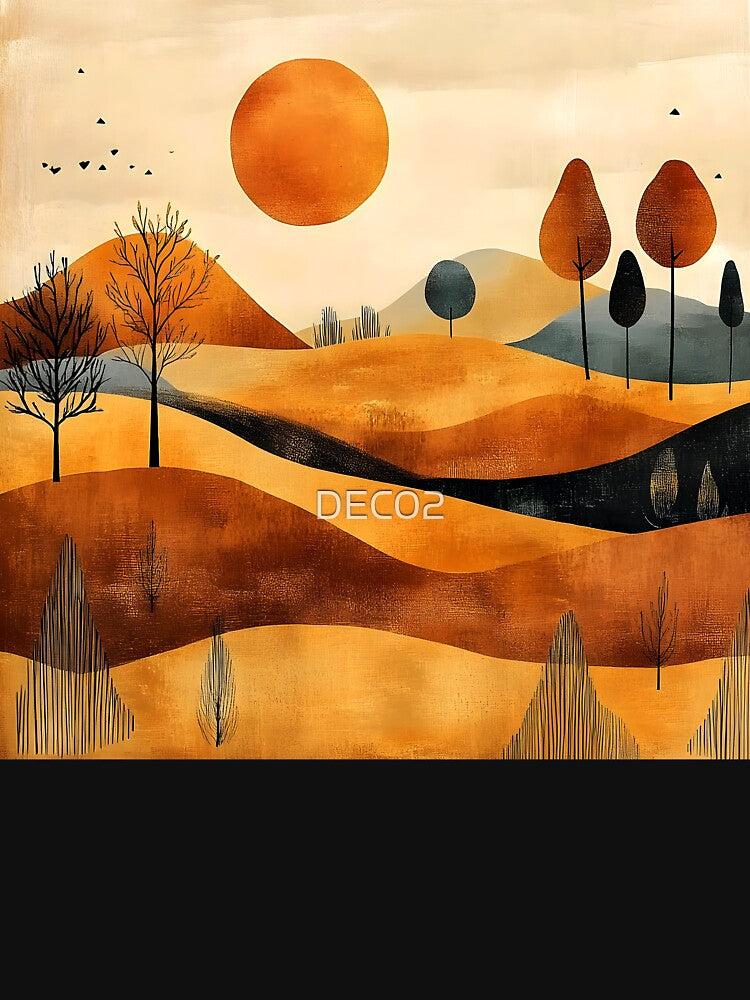 Boho Golden Hues Sunset Over Rolling Hills Design by DEC02