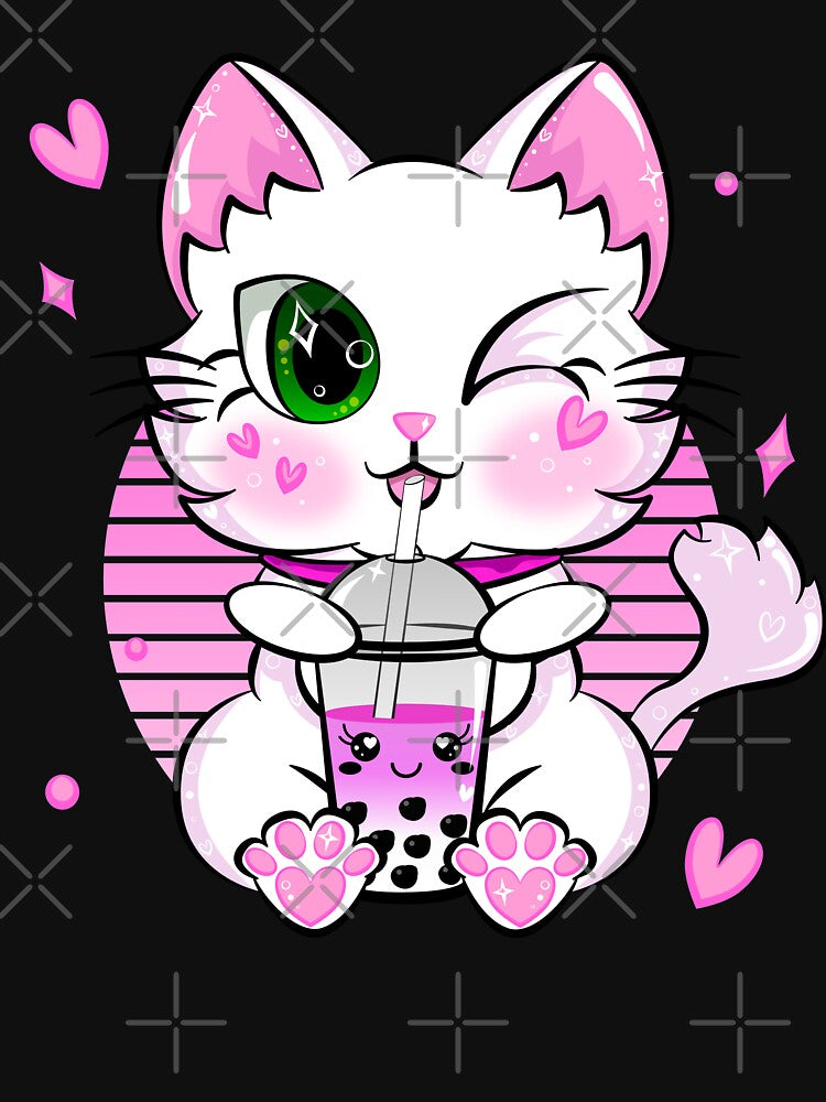 Japanese Kawaii Kitten Neko Cat Anime Pink Drinking Boba Tea by ZNOVANNA