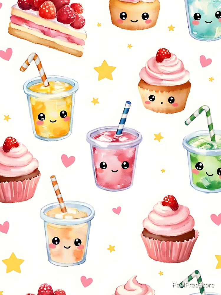 Kawaii Dessert Pattern Cute Cupcake & Strawberry Drink Wallpaper | Pastel Sweet Food Anime Aesthetic by FeelFreeStore