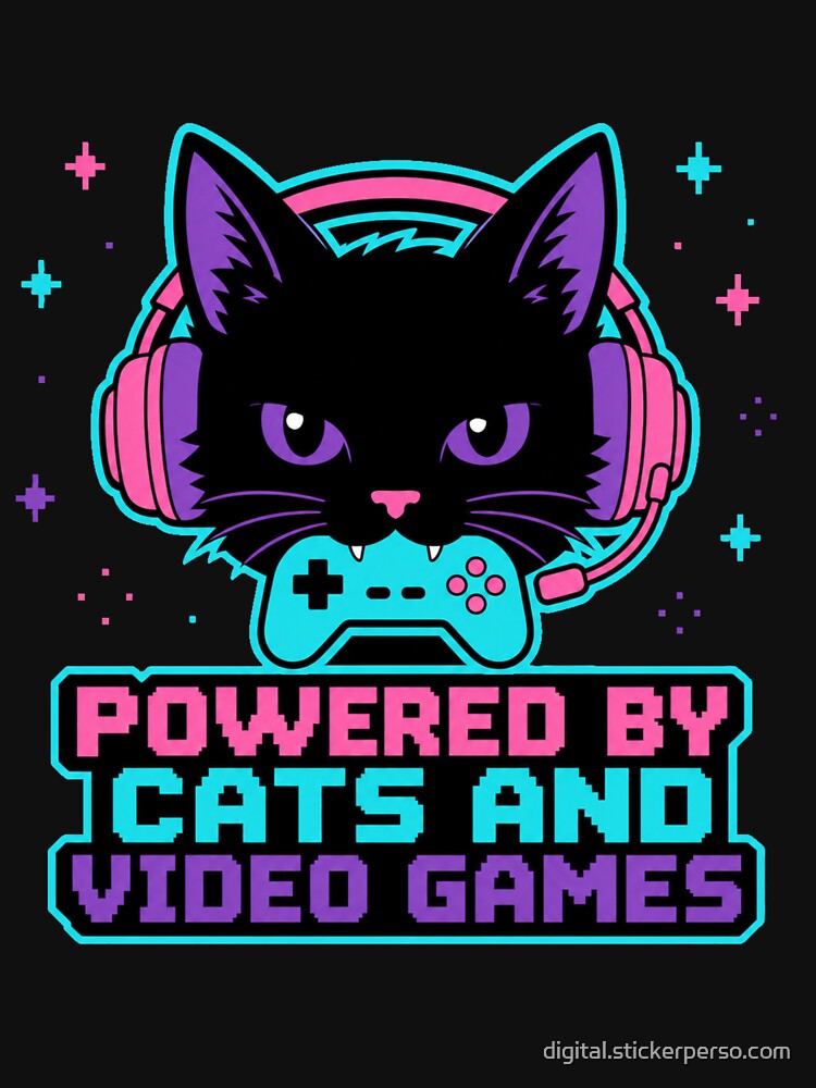Powered By Cats And Video Games Black Cat Gamer Shirt by digital.stickerperso.com