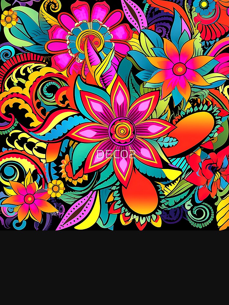 Hippie 1960's Groovy Psychedelic Vibrant Flower Designs Art by DEC02