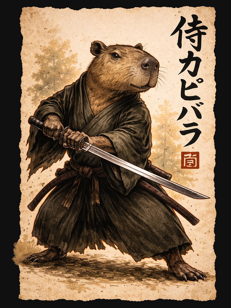 Retro Vintage Japanese ink art, samurai Capybara illustration by Kladhadredo