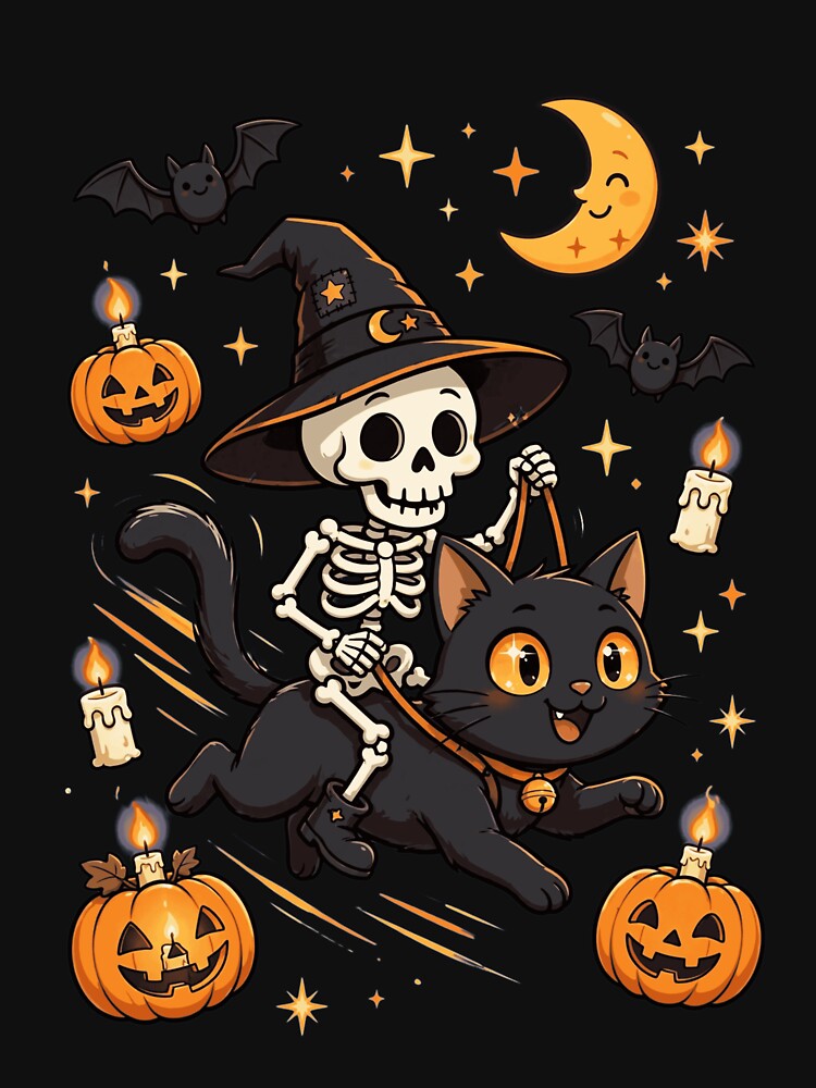 Spooky Halloween Cat Shirt, Skeleton Pumpkin Cat by ABORIKA