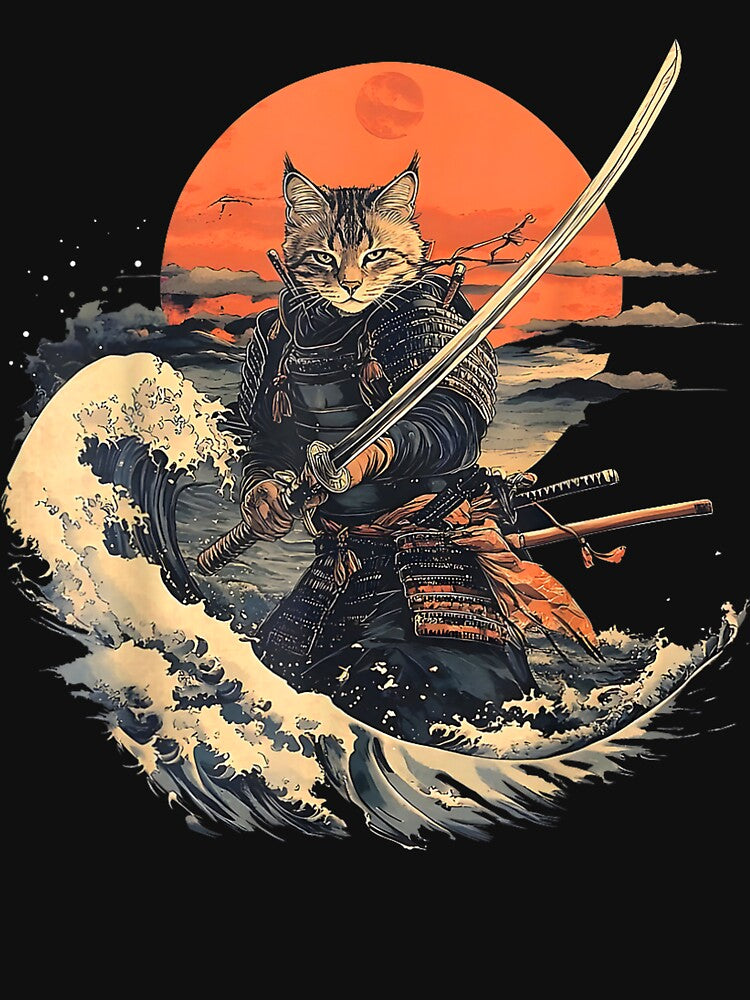 Samurai Cat Graphic Tee Warrior Vintage Japanese Art Anime by BASKF