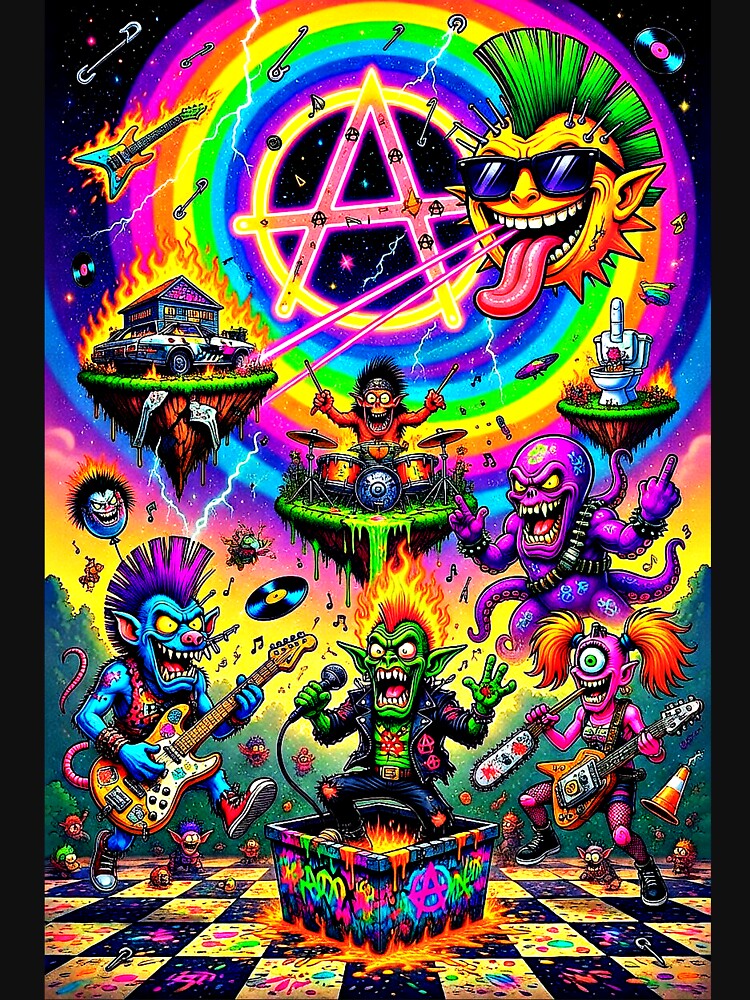 Psychedelic Punk Rock Chaos - Mohawk Monsters Anarchy Symbol Guitar Shredders by David Brookes Digital