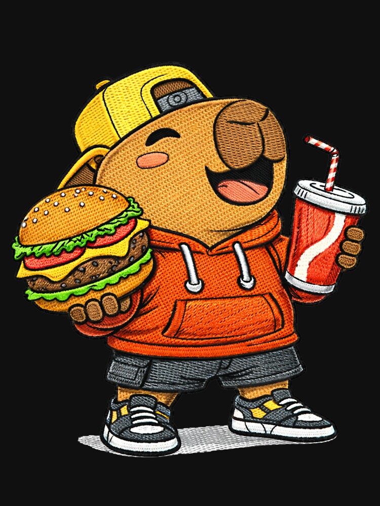 Cute Foodie Capybara With Burger – Kawaii Fast Food Lover Capybara Embroidered Patch Style by ColorSplash123