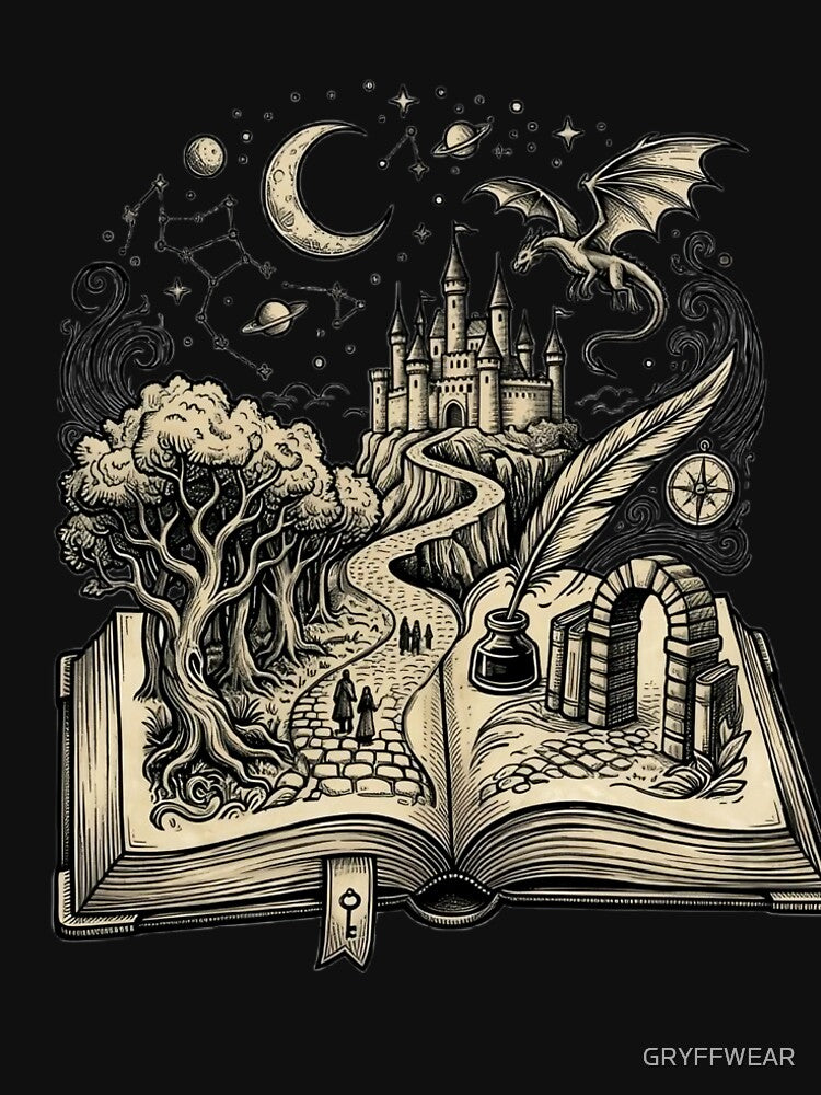 Fantasy Book World Illustration | Magical Storybook Castle and Dragon Art by GRYFFWEAR