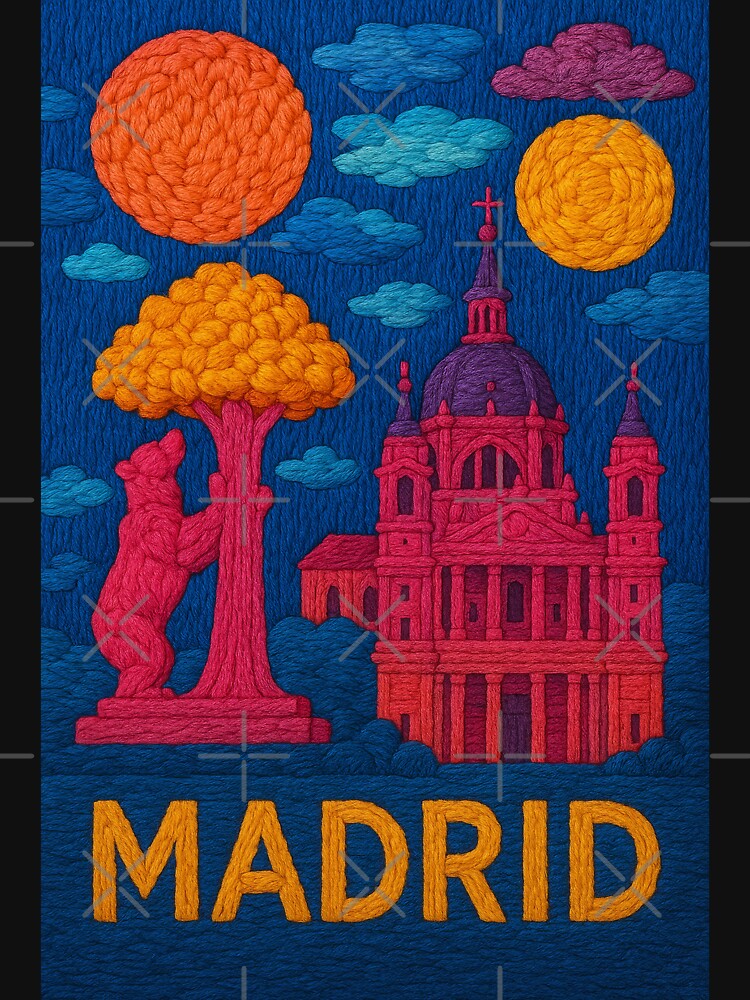 Madrid Faux Wool Art – Almudena Cathedral Bear Statue Knitted Style Travel Illustrat by TheTrendsDesk