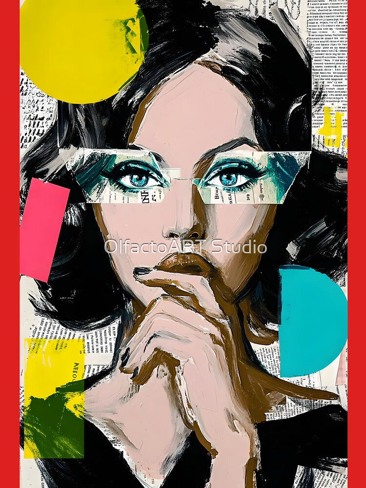 Explore Modern Expression with a Thoughtful Woman Amidst Vibrant Geometric Shapes by OlfactoART Studio