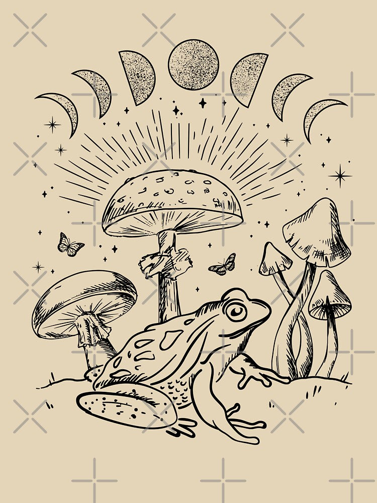 Frog Under Mushroom: Goblincore Cottagecore Aesthetic, Goth Mystical Edgy Alternative Look, Fungi Butterfly Toad in Psychedelic Forest Nature by MinistryOfFrogs
