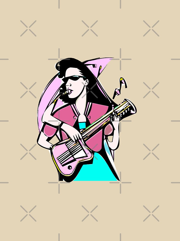 "The Guitar-Playing Woman in a Pink Blouse and Emerald Dress" by FunnyShopGirl